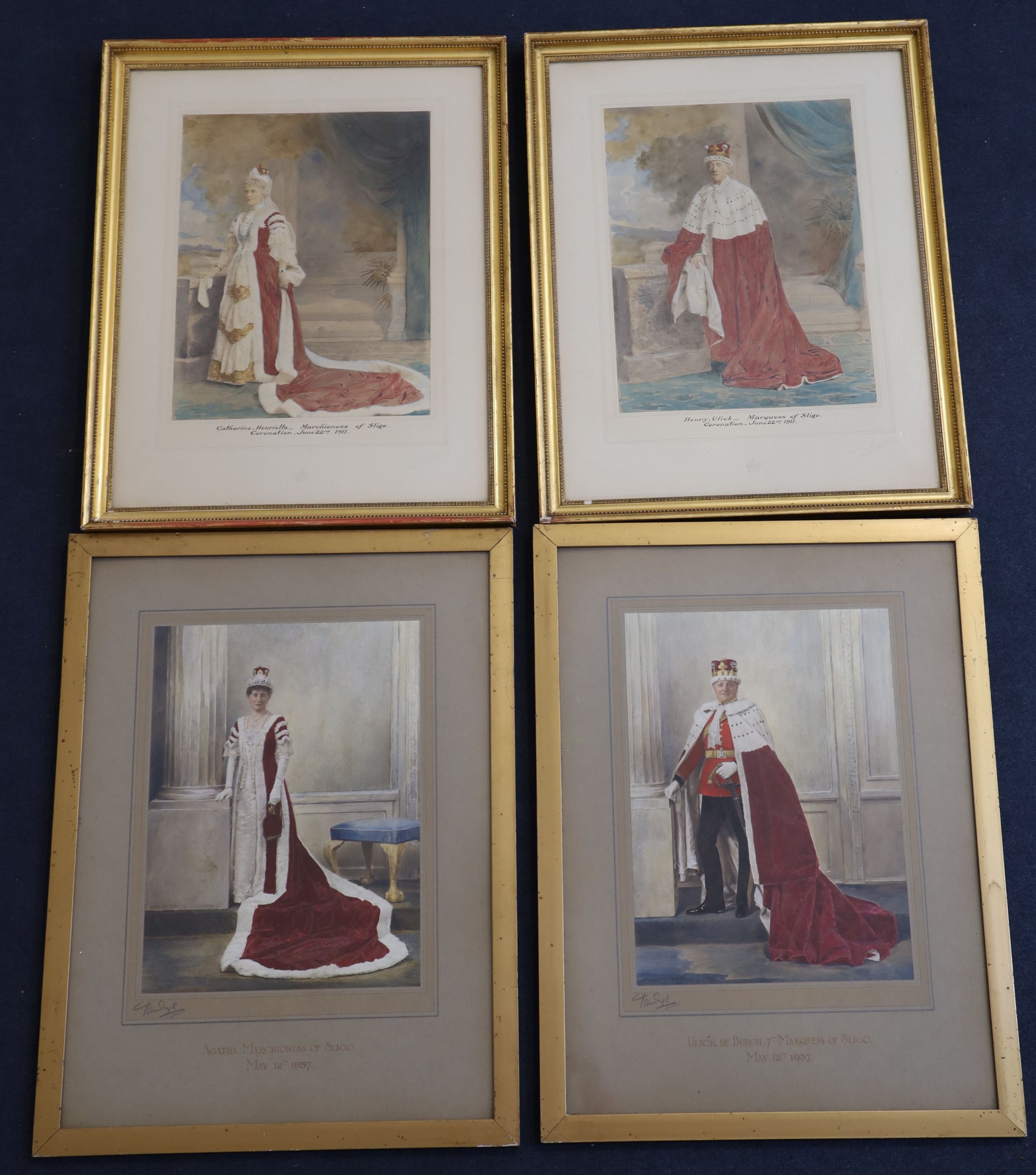 Two pairs of hand tinted photographs of Henry Ulick de Burgh, 7th Marquess of Sligo and Agatha, Marchioness of Sligo, largest overall 5